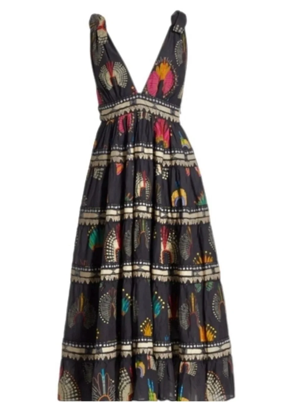 Farm Rio Sz S Boho Tiered Black Maxi Dress w Colorful Floral Embroidered Motif